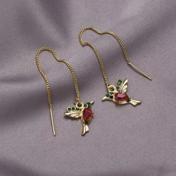 Hummingbird Gold Dangler Pink Diamond Earrings - Picture 2 of 2